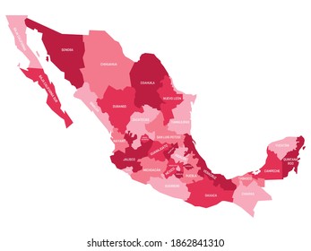 Mapa político rosado de México. Divisiones administrativas - Estados. Mapa simple de vector plano con etiquetas.