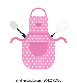 Pink polka dot apron kitchen apron chef and kitchen utensils tools ladle whisk spatula cooking modern flat illustration