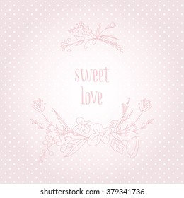 Pink polka dot background with a flower hand drawn. Vector illustration with place for text