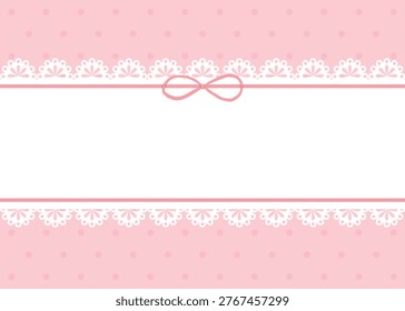 Pink Polka Dot Background with White Lace Border Frame, Ribbon and Bow. Elegant Frame Design. Vector illustration