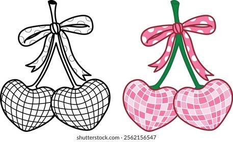 Pink polka dot bow ribbon with night club disco heart or cheery shape balls clipart coquette aesthetic for design element or coloring page. Vector illustration.