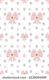 Pink Polka Dot Bows Pastel Blossoms Seamless Cute Pattern
