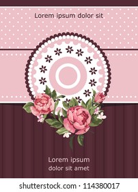 Pink polka dot card with frame and lace, greeting Stylish design. Colored Elegant Happy Birthday vector illustration with flowers.