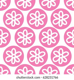 Pink polka dot with flowers. Vector seamless pattern.