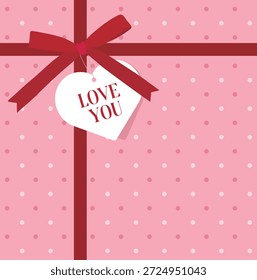 rosafarbener Polka-Dot-Geschenkbox-Hintergrund mit rotem Band und einem herzförmigen Tag, der "LOVE YOU" sagt. Süße Vektorgrafik, perfekt für Valentinstag, Jahrestage und romantische Geschenkverpackungen.