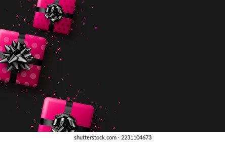 Cajas de regalo de puntos de polka rosa con arcos negros y confeti. Navidad, cumpleaños, día de San Valentín, marco de vacaciones. Vista superior. Ilustración vectorial.