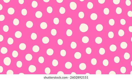Pink Polka Dot Horizontal Background. Playful Minimal Dotted 1920x1080 social media template backdrop with hand drawn spotted texture. Vector illustration