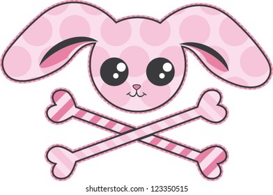 Pink Polka Dot Kawaii Bunny Crossbones | Cute bunny rabbit face with large circles and big googly kawaii eye and striped crossbones.