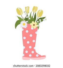 Botas de goma de polika rosa con flores en un fondo blanco. Tema romántico. Aislado sobre fondo blanco. Composición para el diseño. Tarjeta de saludo, postal, afiche