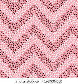 Pink Polka Dot Seamless Pattern. Vector Zig zag Striped Chevron Background. Abstract Pattern of Small Circles