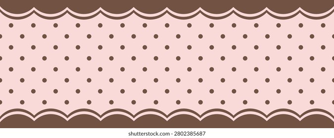 Pink polka dot seamless pattern with brown scalloped borders, cute retro wallpaper vector background.