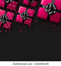 Pink polka dot and striped gift boxes with black bows and confetti. Christmas, birthday, Valentine's day, holiday frame. Top view. Vector illustration.