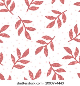 Pink Polka Dot Tossed Leaves Seamless Pattern Background Print