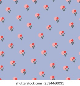 rosafarbene Polka-Punkte und rote Blume auf blauem Hintergrund. Nahtloses Muster