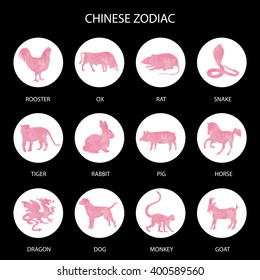 Pink Polygon Chinese zodiac signs icons set. Rat snake dragon 