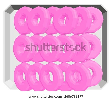 A pink polygonal donut sits on a white tray set, animated with a lively and vibrant 3D style.