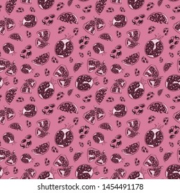 Pink pomegranate pattern ditsy print. Exotic fruit vector seamless background