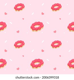 Pink pon de ring mochi donut with pastel background.strawberry flavor.white sprinkle.cute sweet and dessert wallpaper.seamless pattern with donuts for social media posts, banner, greeting card, etc.