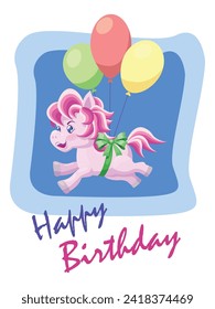 Pink pony birthday greeting.Vector illustration.