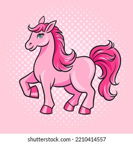 caricatura de pony rosa pequeño lindo caballo pinup arte pop retro ilustración vectorial. La imitación al estilo de un libro de historietas.