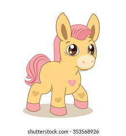 Pink Pony. Cute Pony. Vector Pony. Pony And Heart. Fairy Pony. The Picture On A Beige Background. Pink Mane. Fairy-Tale Characters. The Hero Of The Tale, Fantasy.