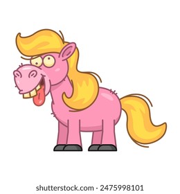 Pink pony with golden mane and golden tail smiles. Vector Illustration