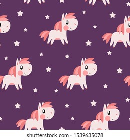 Pink pony and star pattern on purple background. Great for wallpaper, background, wrapping paper, fabric, packaging, greeting cards, invitations