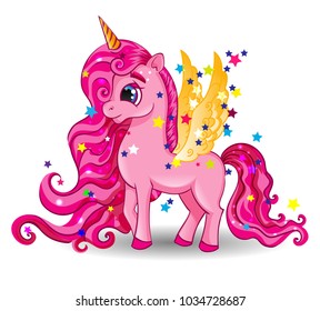 Pony Pony Unicorn con alas doradas y grandes ojos sobre fondo blanco, pelo largo (Mano, Cola), caricatura con vectores dibujados a mano