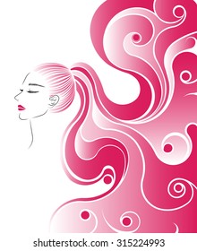 pink ponytail hair style icon, logo women face on white background.