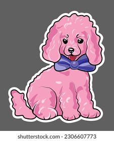 Pink poodle with a bow around his neck, sticker. Vector graphics EPS10