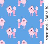 Pink poodle on a blue background. Seamless dog pattern.