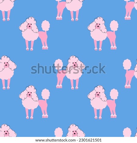 Pink poodle on a blue background. Seamless dog pattern.