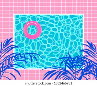 Pink pool float, rubber ring floating in a refreshing blue swimming pool. Palm leaves and foliage around.