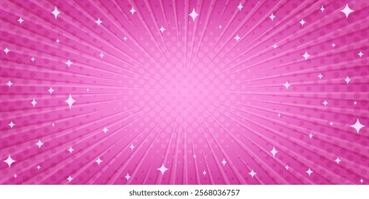 Pink pop art Background with Sparks. Comic Halftone Rays texture. Cartoon abstract frame with copy space. Template for poster banner cover