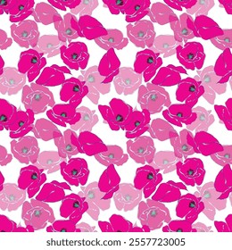 Pink poppies flowers. Seamless pattern on white background. Floral hand drawn stylized texture. Vector illustration