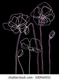 Pink poppies on black background. Vector illustration