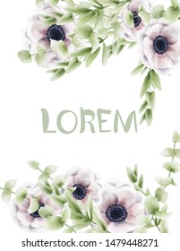 Pink poppy floral card Vector watercolor. Provence rustic poster. Wedding, birthday invitation, ceremony event greeting decor