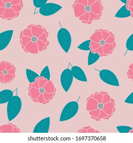 Pink poppy flowers and green leaves seamless repeat pattern for wrapping paper,fabrics,textile,wallpaper.