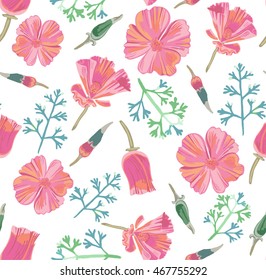 Pink poppy flowers seamless pattern. Decorative vector illustration for background.
