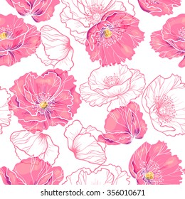 Pink poppy flowers . Vector seamless pattern