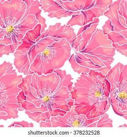 Pink poppy flowers. Vector seamless pattern