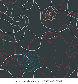 Pink poppy in a line-art abstract style. Summer garden texture.  Vector hand-drawing countryside pattern. Spring floral seasonal vector illustration. Dark background. Millefleur print.