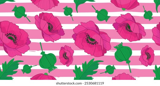 Pink Poppy Muster Design, Hintergrund mit rosa und weißen Streifen. Flache Vektorgrafik und Design für Stoff, Textil, Mode, Tapete, Verpackung und alle Drucke.