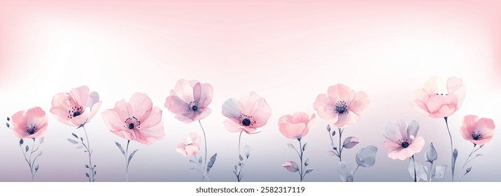 Pink poppy wildflowers, field of beautiful flowers long decorative bottom border isolated on a clear white background, vector illustration. Gentle floral design for Valentine's day, Mother's Day.