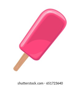 Pink popsicle on wood stick. Isolated on white background. Vector flat color illustration