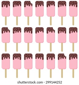 pink popsicles with chocolate icing in horizontal rows summertime cool dessert vector seamless pattern on white background