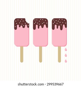 pink popsicles with chocolate icing summertime cool dessert vector card poster centerpiece on light stripes