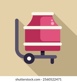 Pink portable concrete mixer standing on a hand truck, construction site equipment for mixing cement