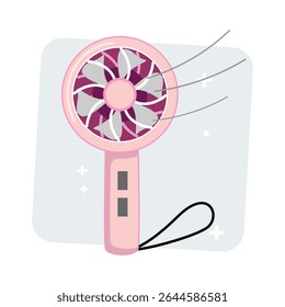 Pink portable handheld fan, cool breeze, summer accessory, modern vector illustration, personal cooling device