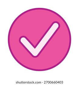 Botón de ronda de voto positivo rosa con marca de verificación aceptar Ilustración vectorial de insignia de tarea completa. El teclado del logotipo de confirmación de éxito acepta la marca de verificación aprobada. Casilla de verificación terminada. Marque el ícono de emoji de Botón.
